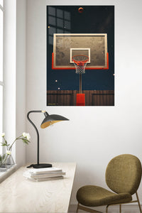 Basketball Hoop Beneath the Stars metal wall art displayed in a contemporary living space