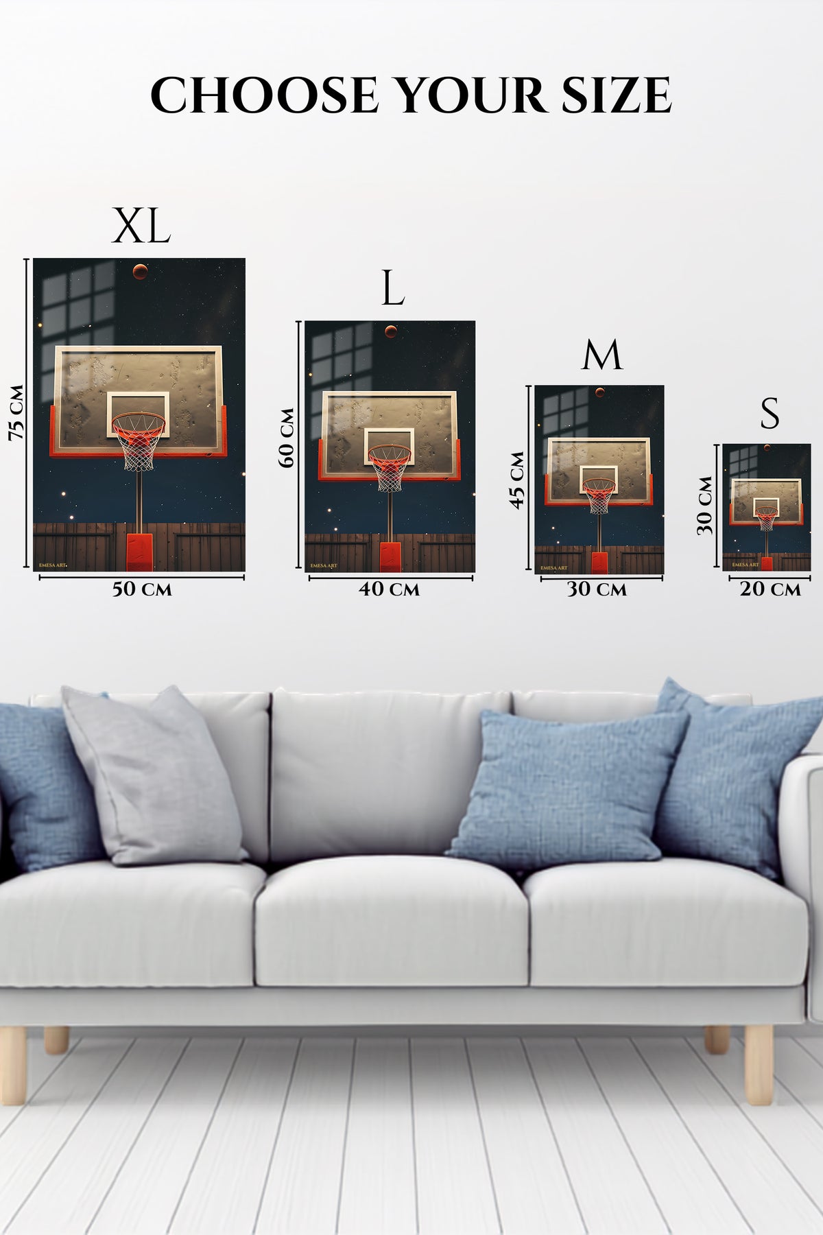 EMESA metal wall art size comparison guide for Basketball Hoop Beneath the Stars