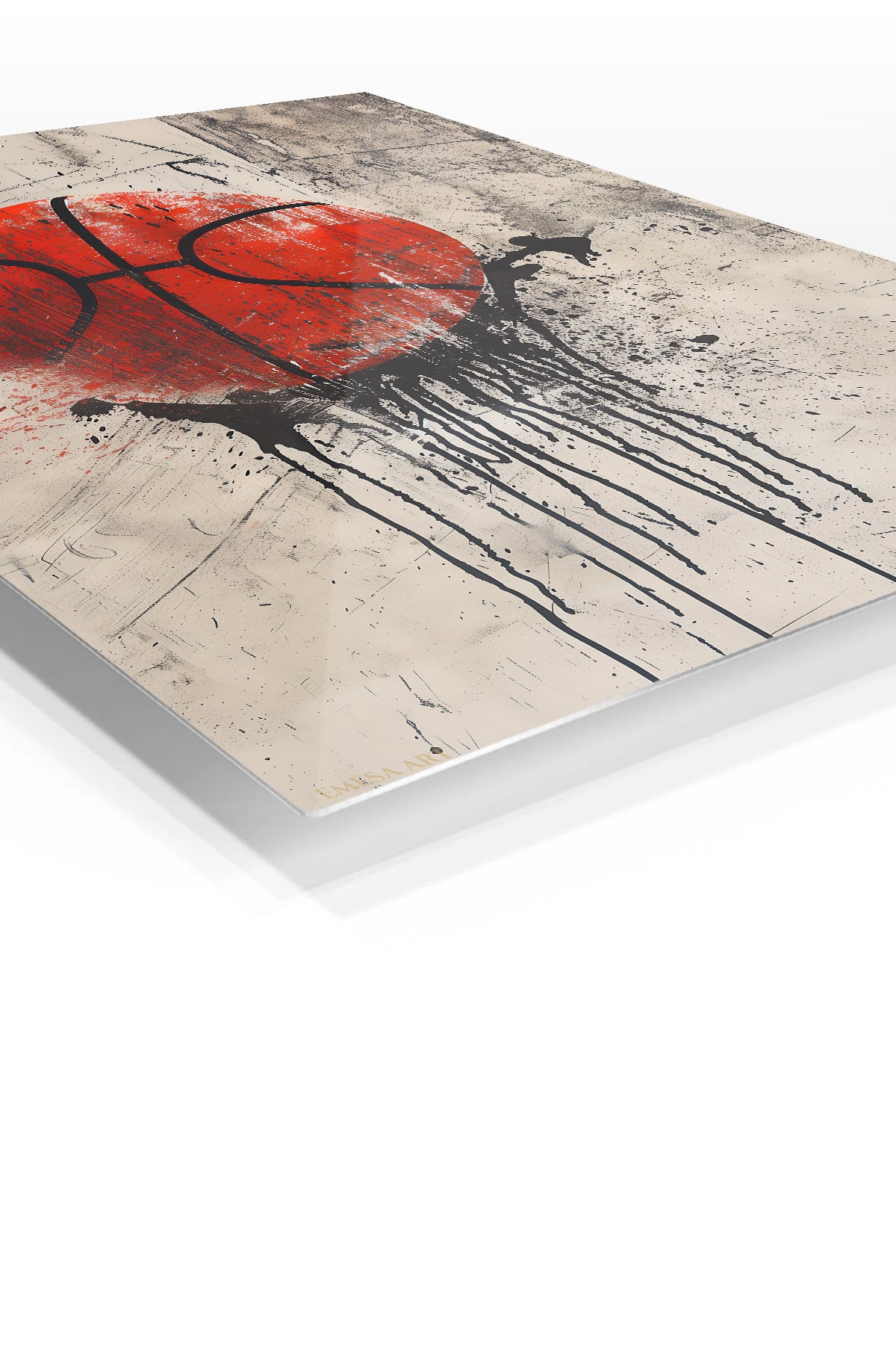 Red Basketball Drip premium metal wall art – angled view