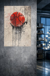 Red Basketball Drip metal wall art displayed in a modern interior
