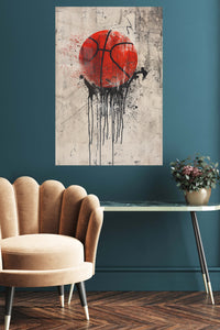 Red Basketball Drip metal wall art displayed in a contemporary living space