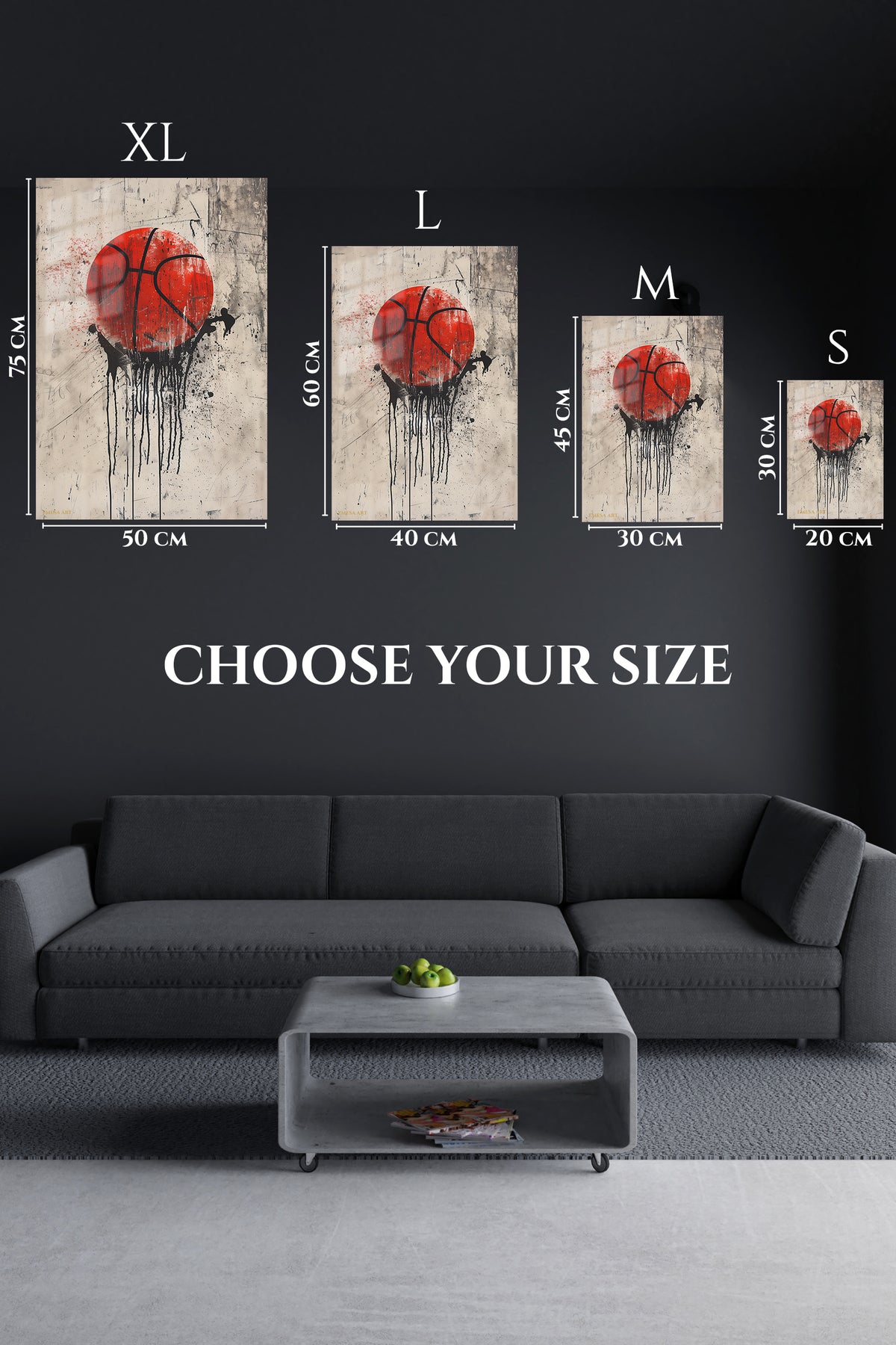 EMESA metal wall art size comparison guide for Red Basketball Drip
