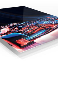 Neon Formula Race Car premium metal wall art – angled view
