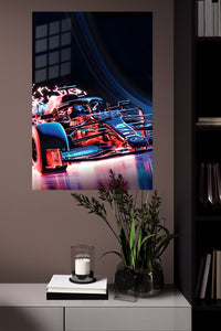 Neon Formula Race Car metal wall art displayed in a modern interior