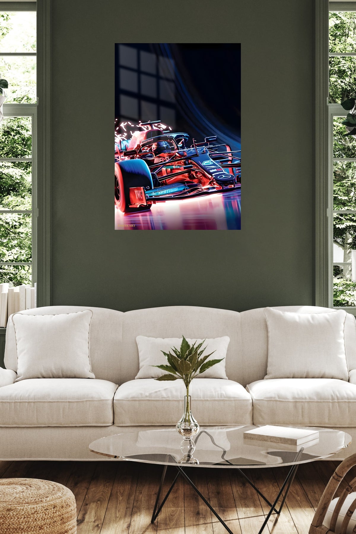 Neon Formula Race Car metal wall art displayed in a contemporary living space