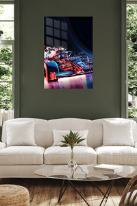 Neon Formula Race Car metal wall art displayed in a contemporary living space