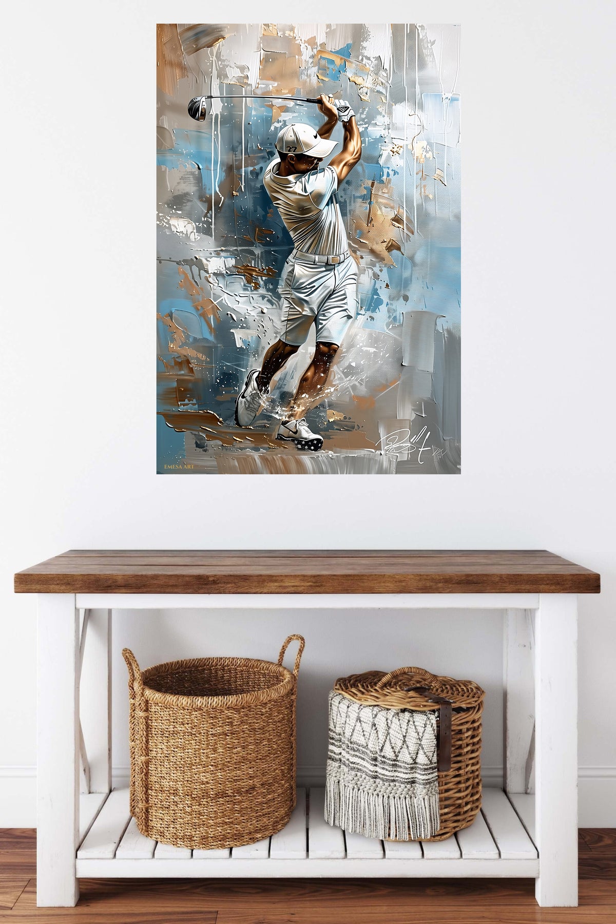 Golfer in Mid-Swing Abstract Portrait metal wall art displayed in a contemporary living space
