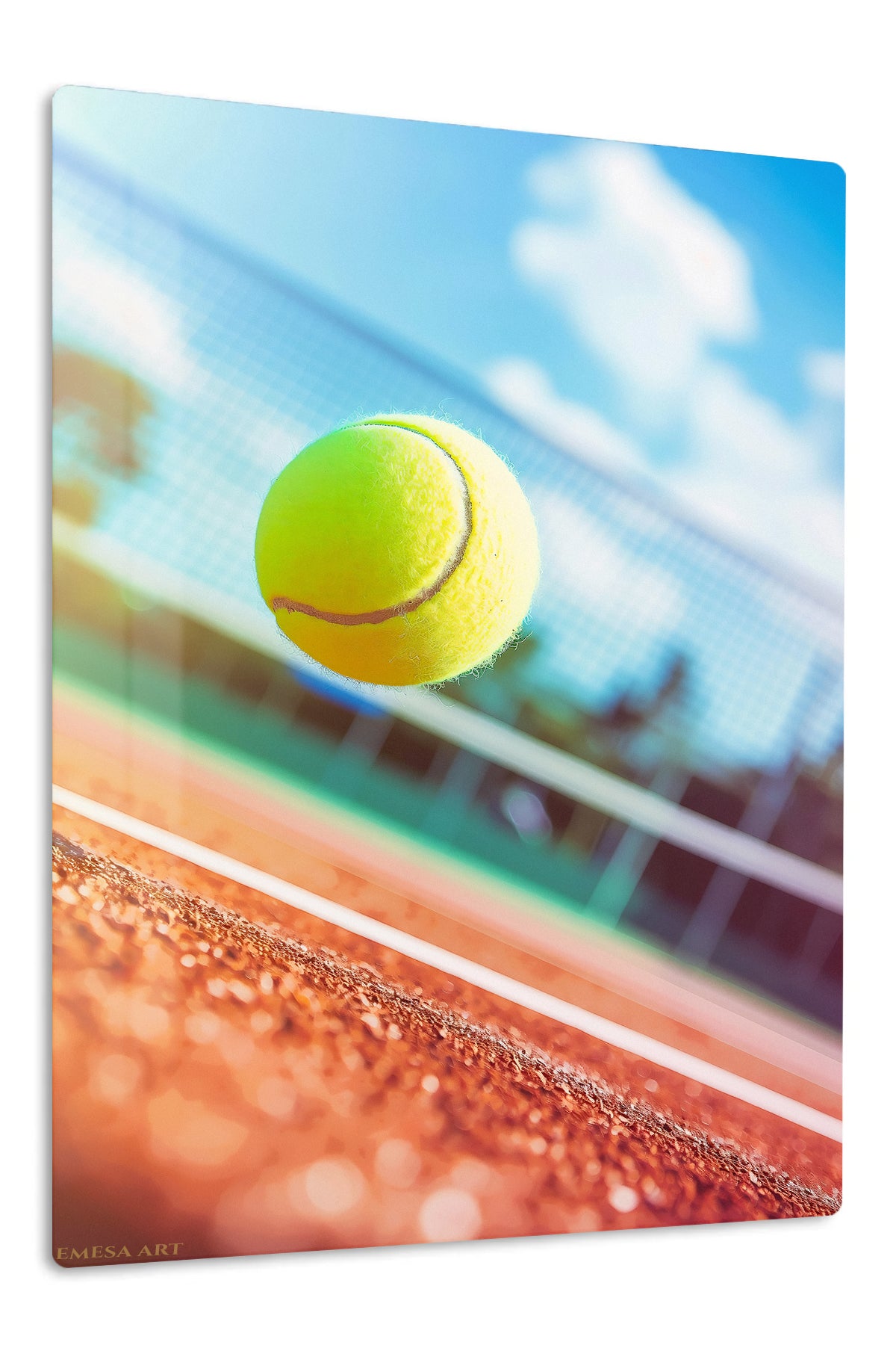 Tennis Ball Above Clay Court premium metal wall art – front view