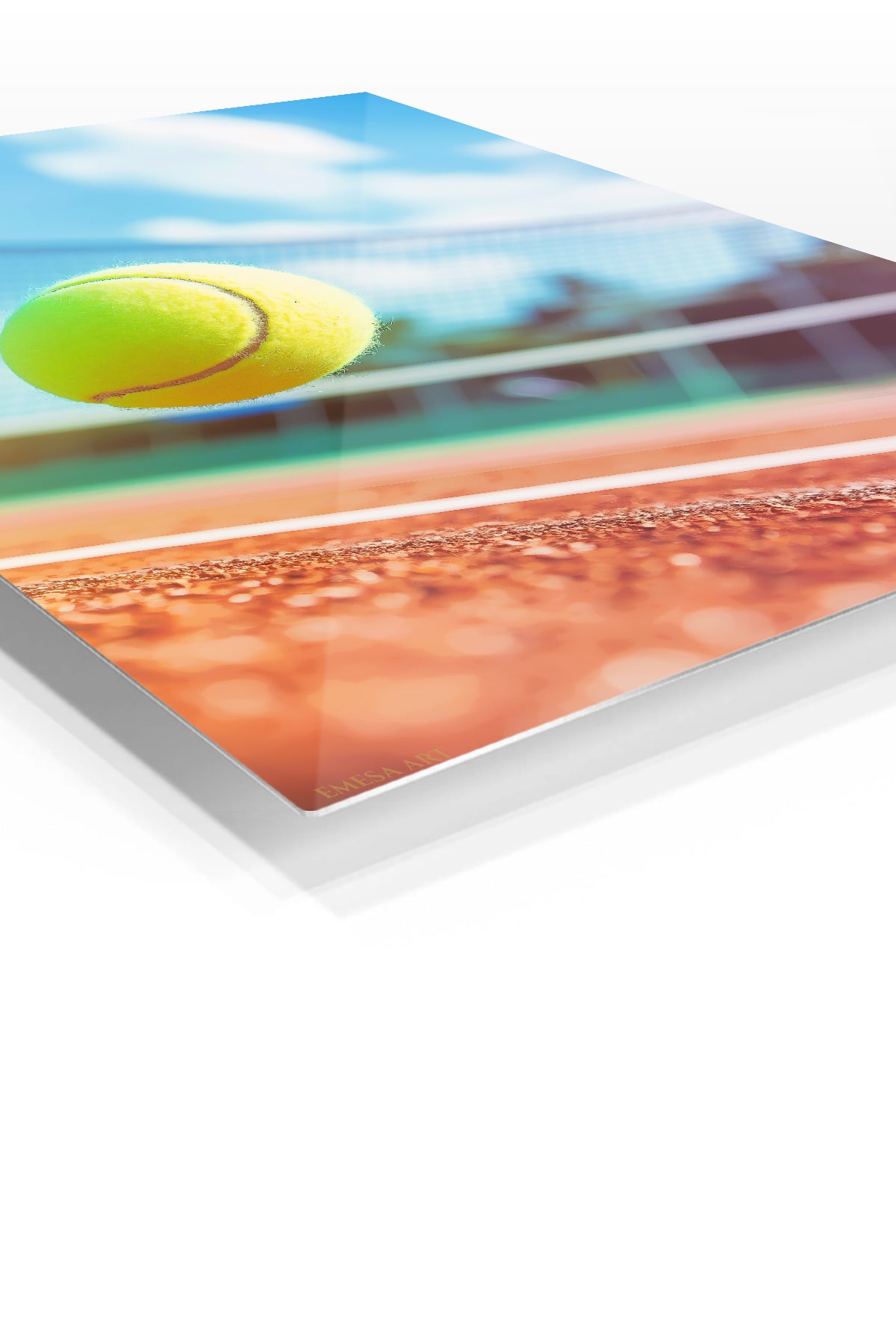 Tennis Ball Above Clay Court premium metal wall art – angled view