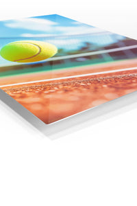 Tennis Ball Above Clay Court premium metal wall art – angled view