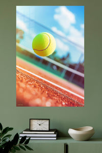 Tennis Ball Above Clay Court metal wall art displayed in a modern interior