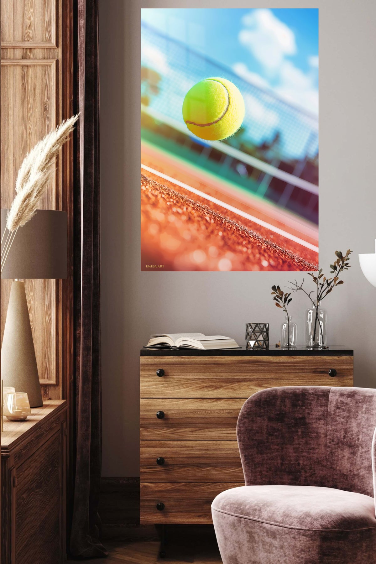 Tennis Ball Above Clay Court metal wall art displayed in a contemporary living space