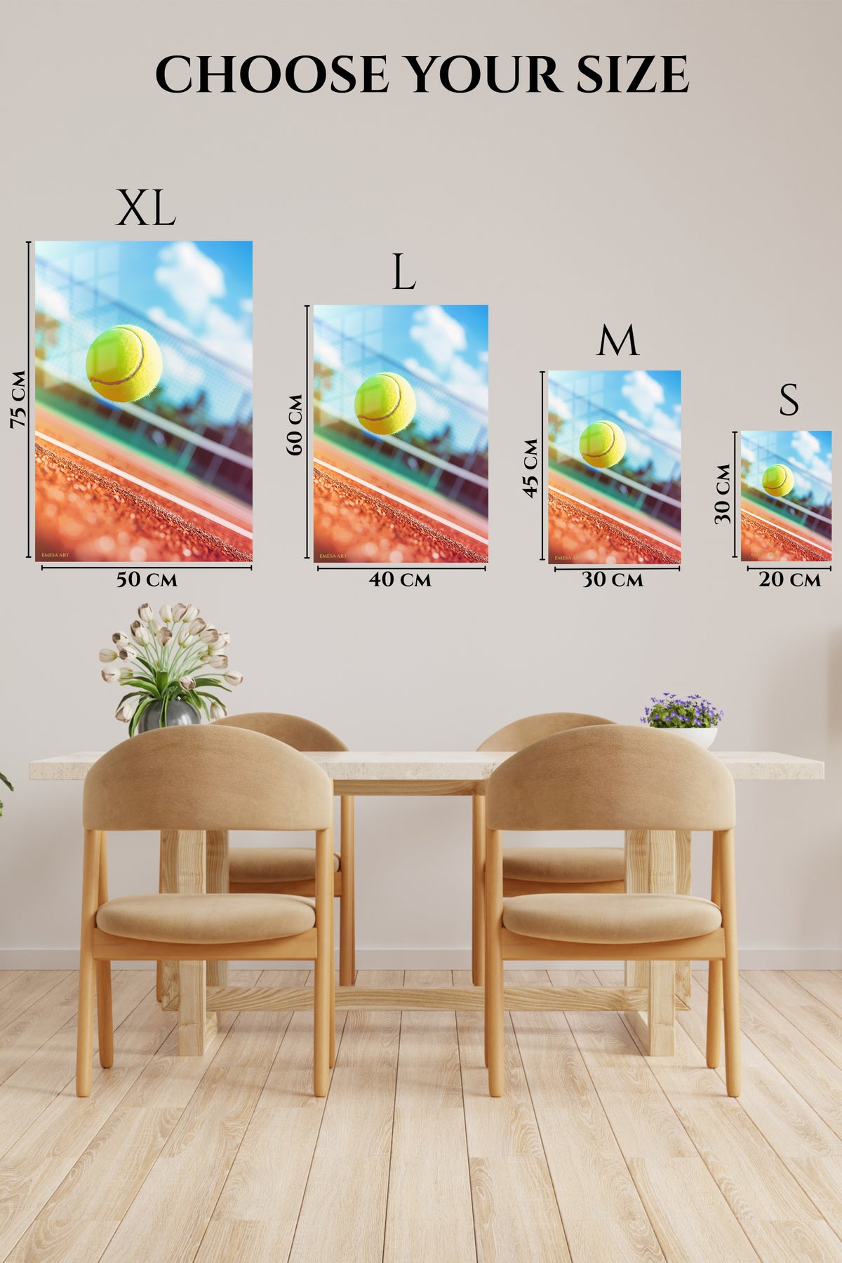 EMESA metal wall art size comparison guide for Tennis Ball Above Clay Court