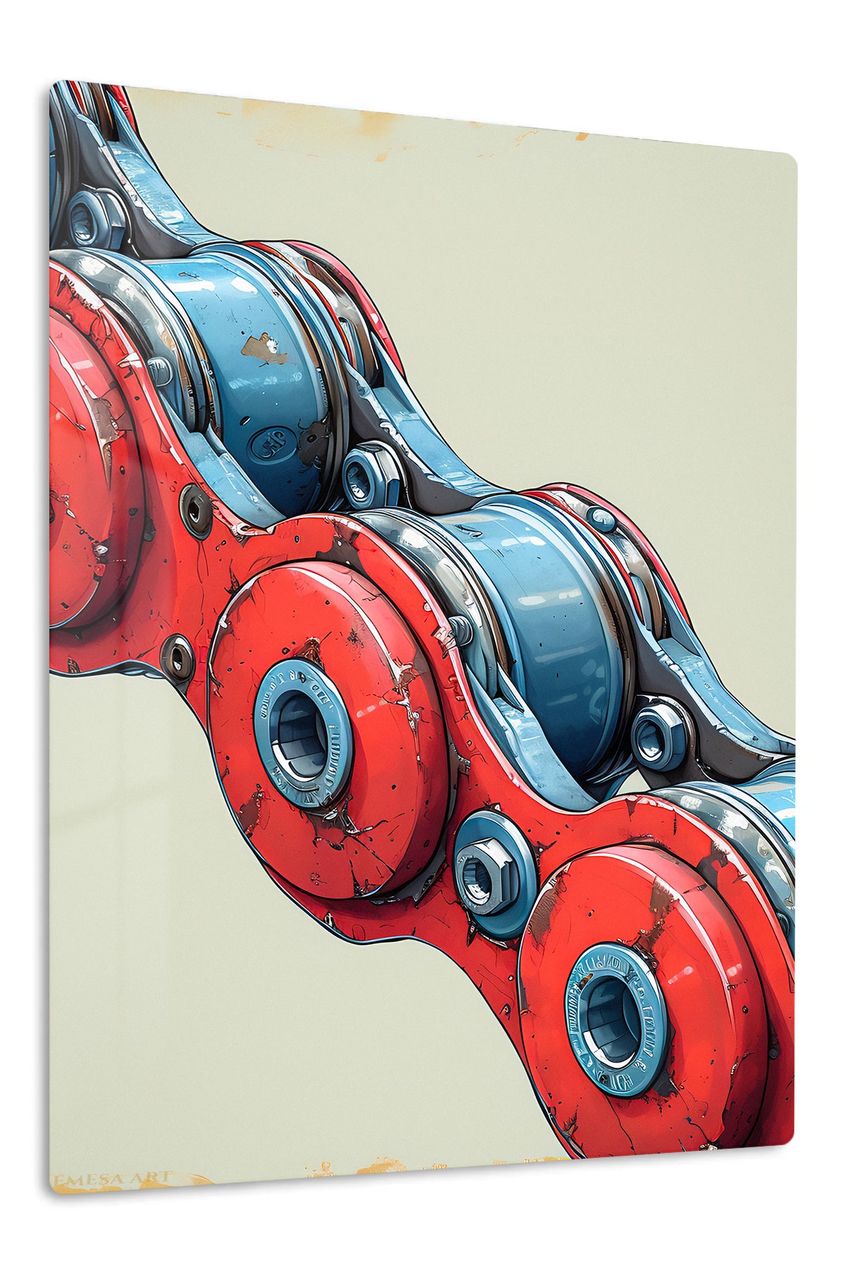 Red and Blue Robotic Mechanism premium metal wall art – front view