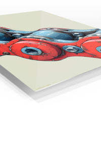 Red and Blue Robotic Mechanism premium metal wall art – angled view