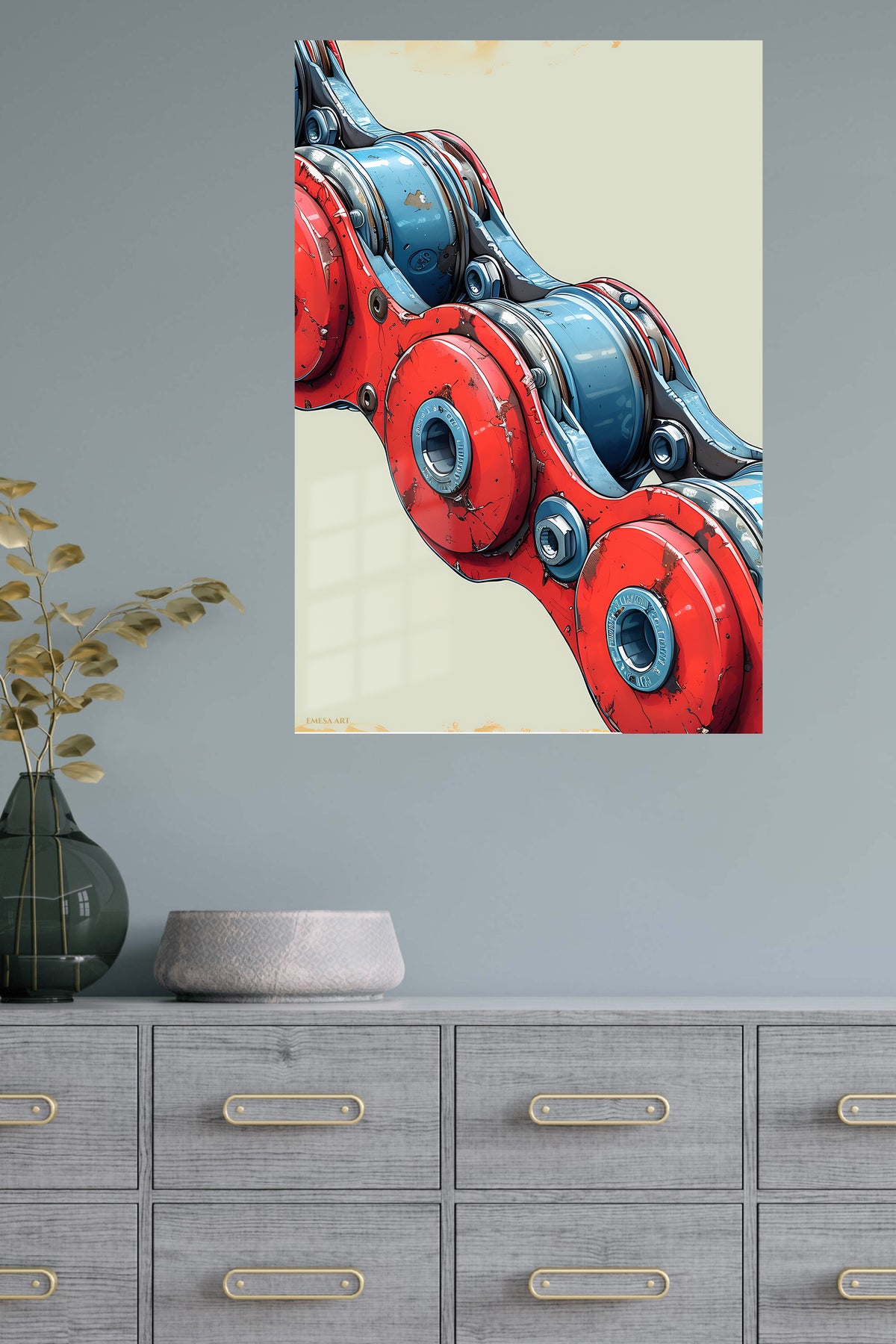Red and Blue Robotic Mechanism metal wall art displayed in a modern interior
