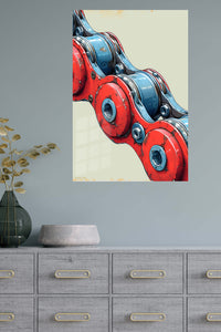 Red and Blue Robotic Mechanism metal wall art displayed in a modern interior