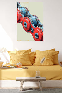 Red and Blue Robotic Mechanism metal wall art displayed in a contemporary living space