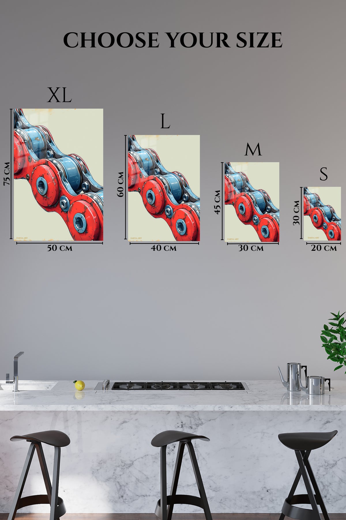 EMESA metal wall art size comparison guide for Red and Blue Robotic Mechanism