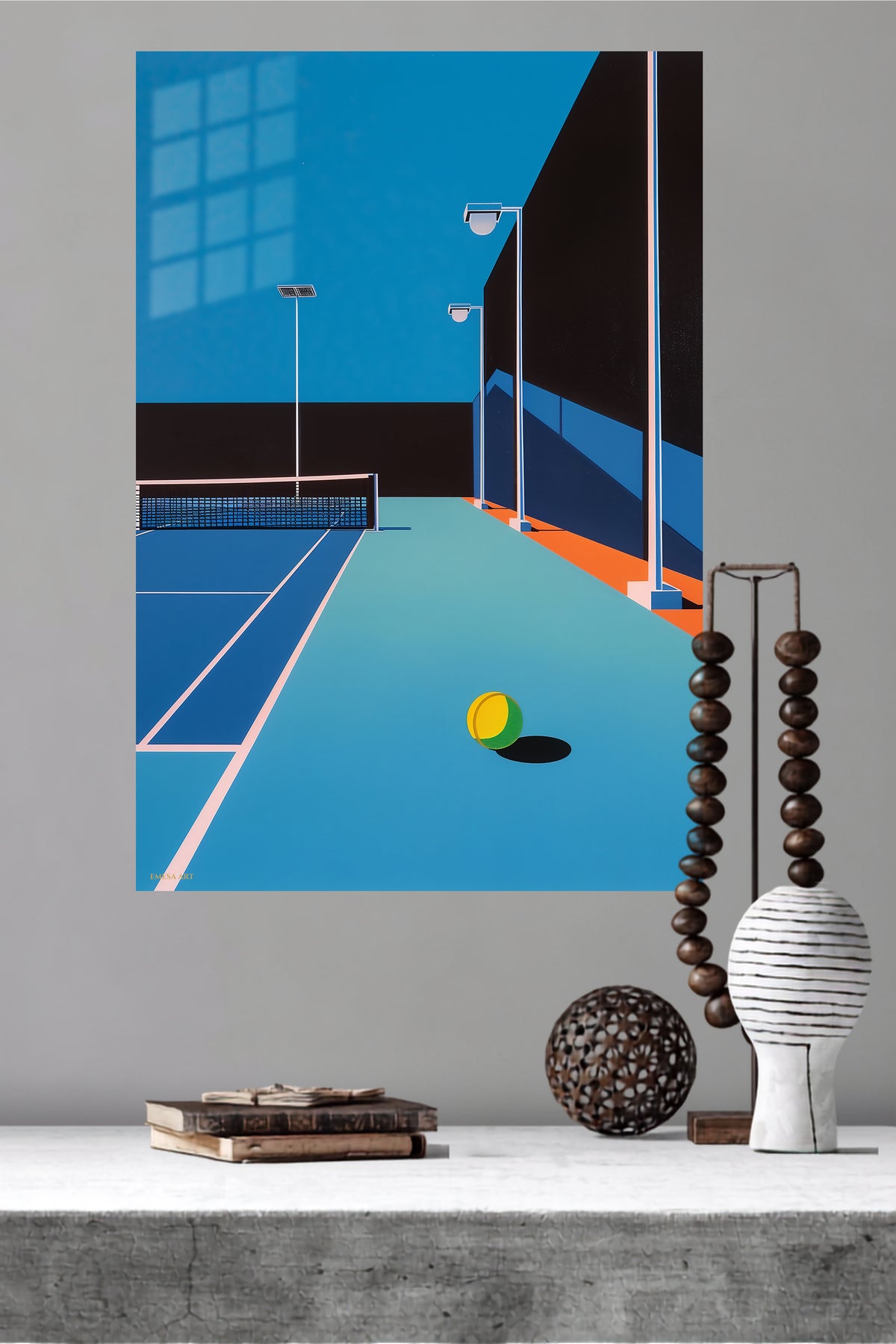 Midnight Tennis Court metal wall art displayed in a modern interior