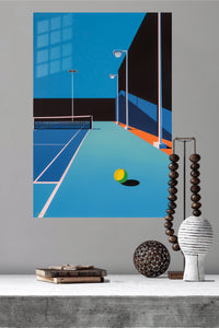 Midnight Tennis Court metal wall art displayed in a modern interior