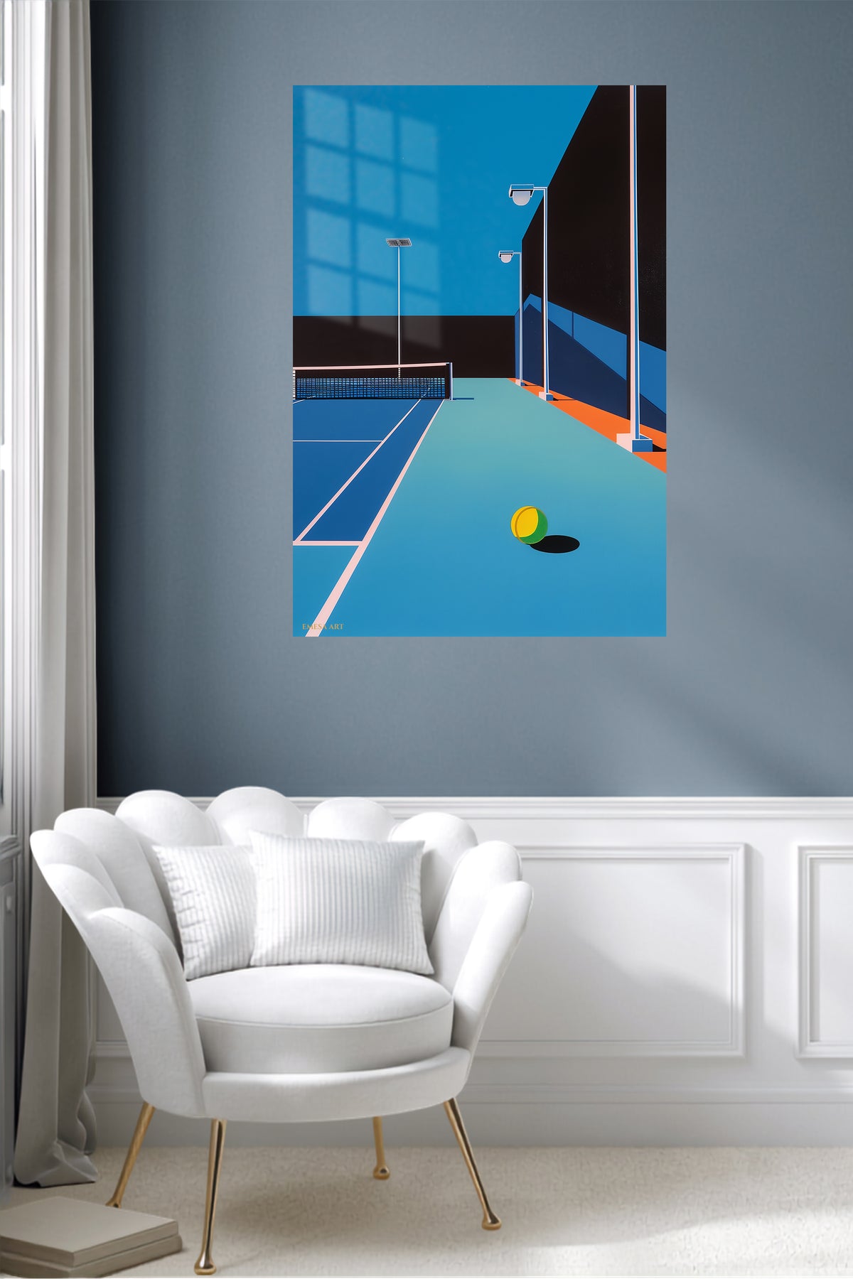 Midnight Tennis Court metal wall art displayed in a contemporary living space