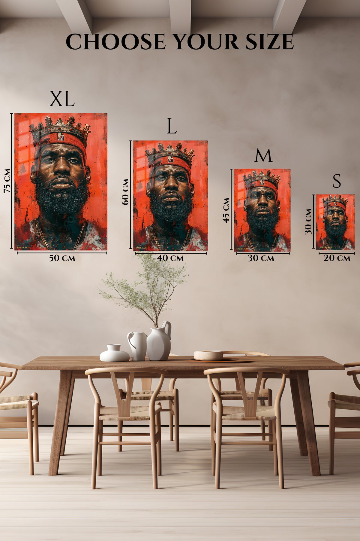 EMESA metal wall art size comparison guide for Crowned Champion Portrait