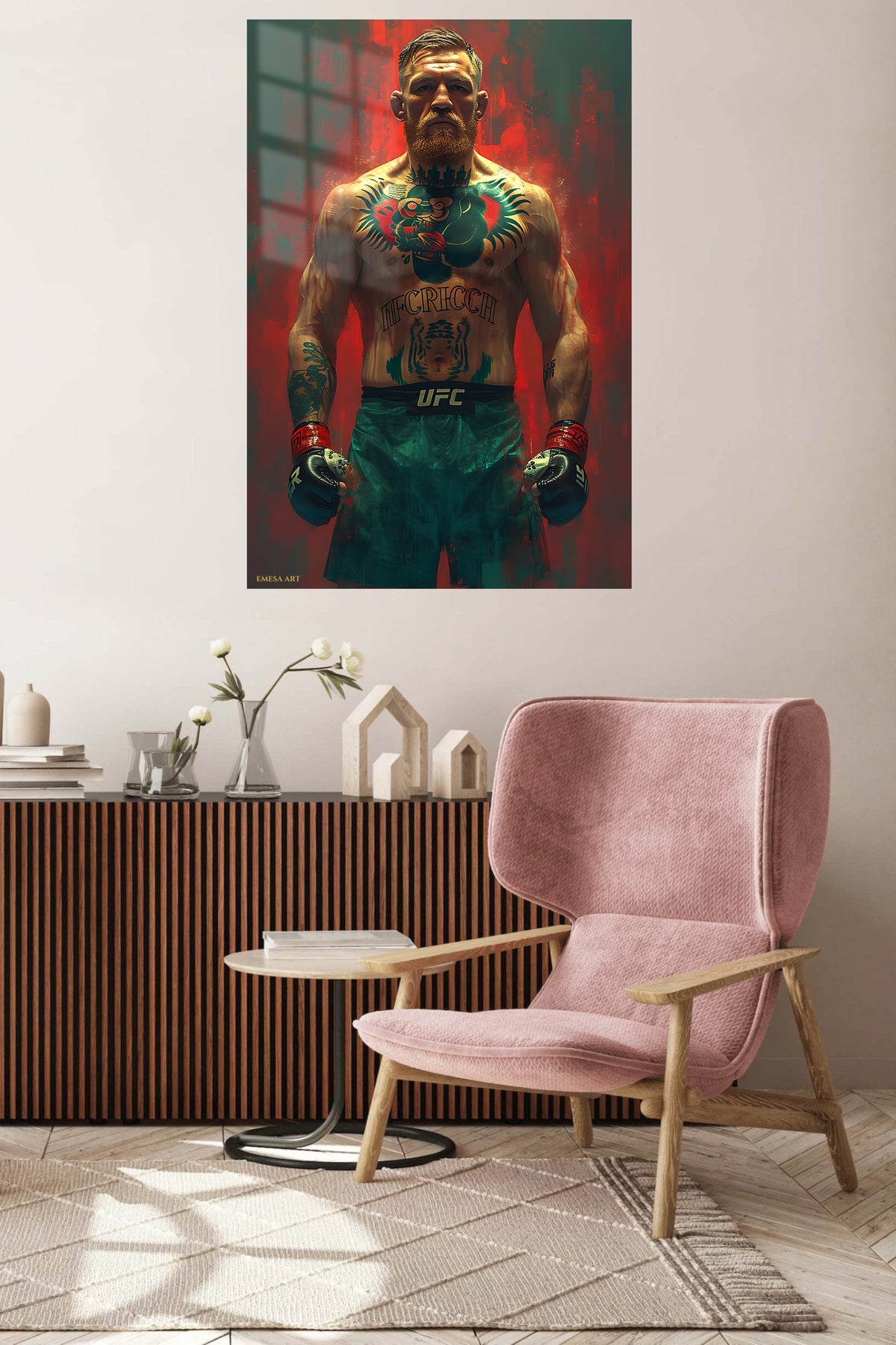 Tattooed Combat Fighter Portrait metal wall art displayed in a contemporary living space