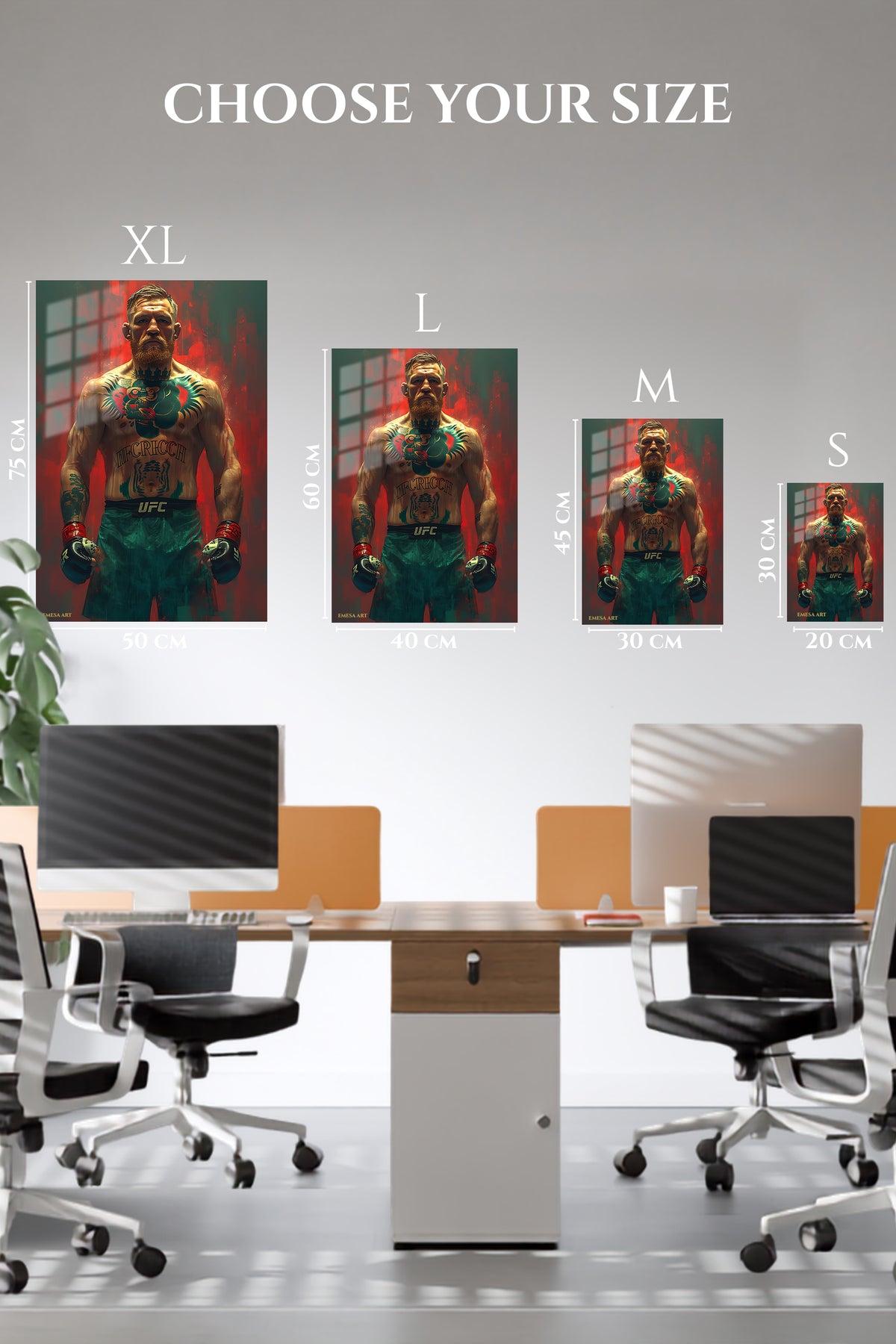 EMESA metal wall art size comparison guide for Tattooed Combat Fighter Portrait