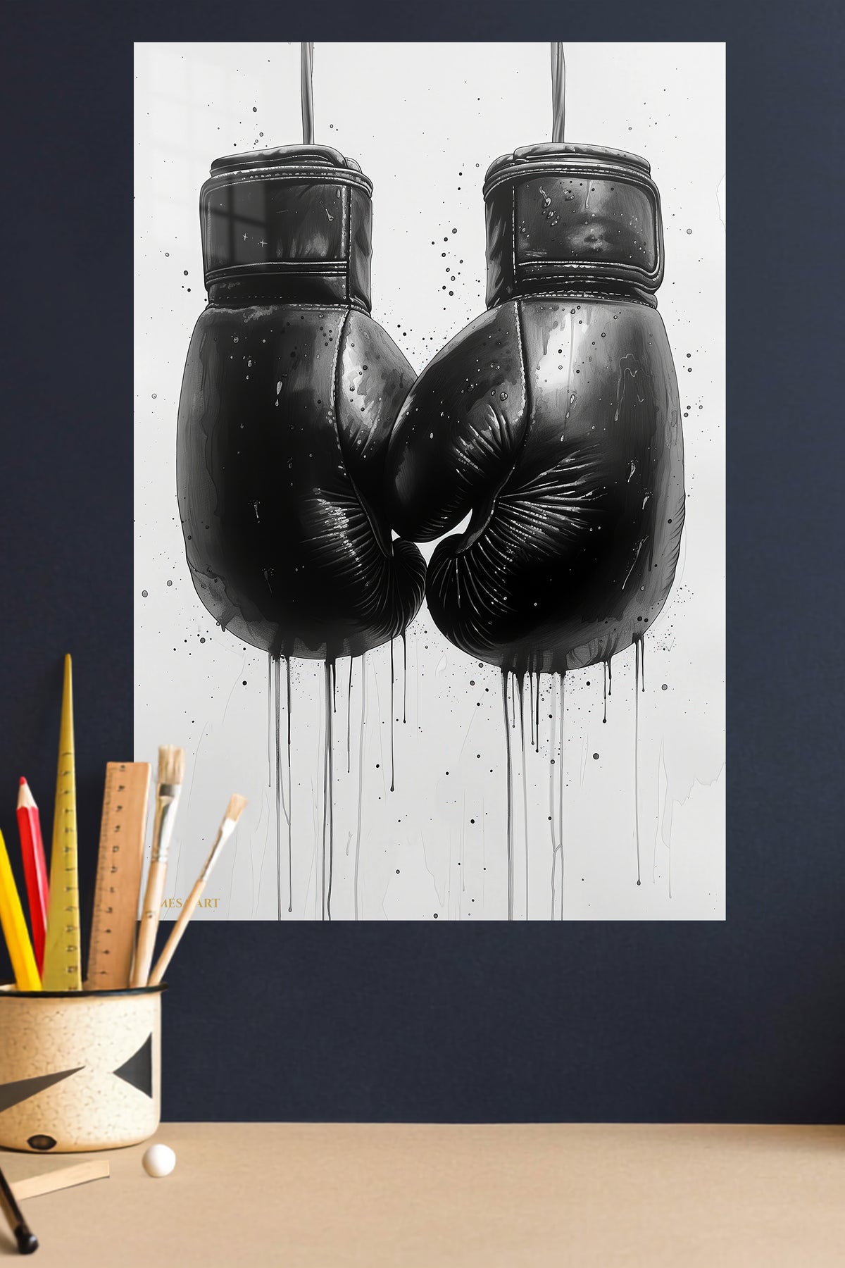 Black Boxing Gloves Ink Art metal wall art displayed in a modern interior