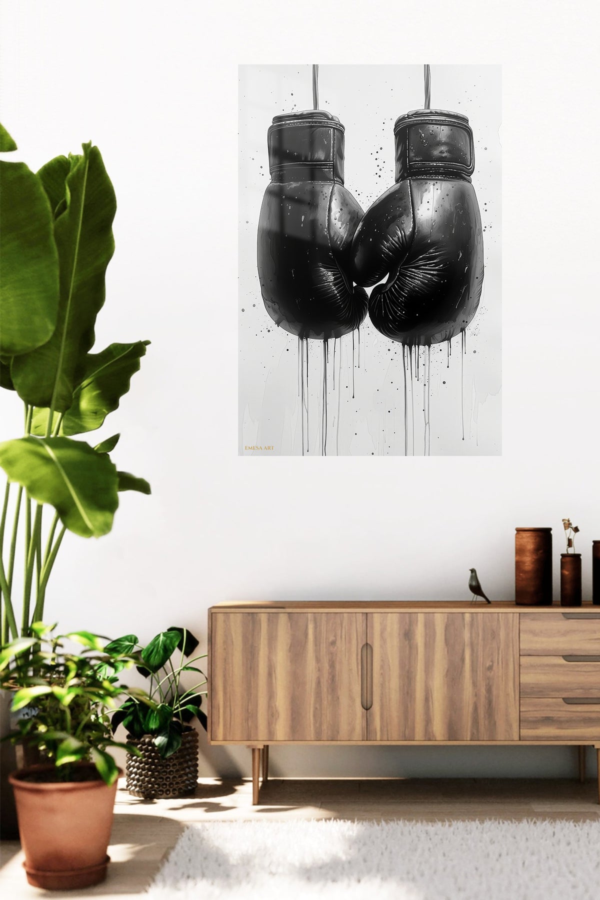 Black Boxing Gloves Ink Art metal wall art displayed in a contemporary living space