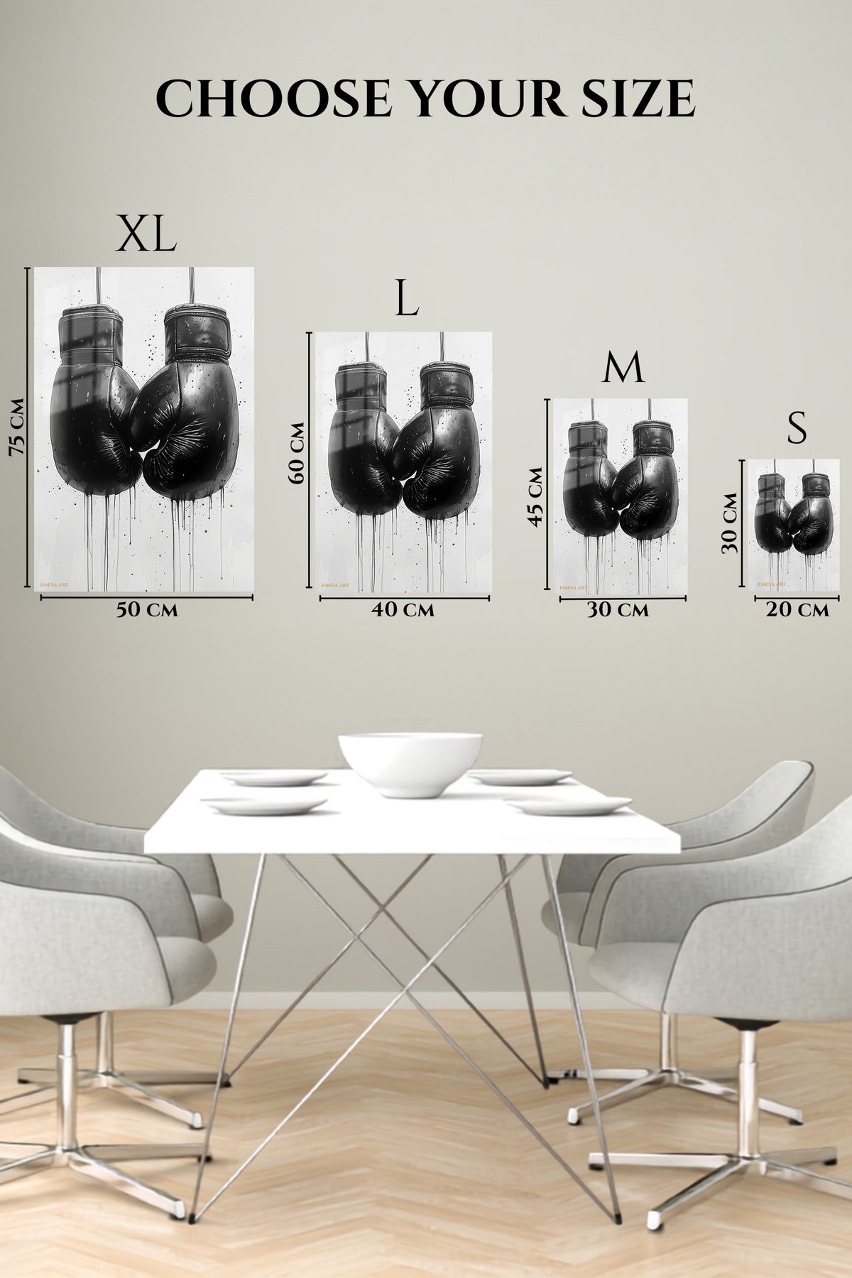 EMESA metal wall art size comparison guide for Black Boxing Gloves Ink Art