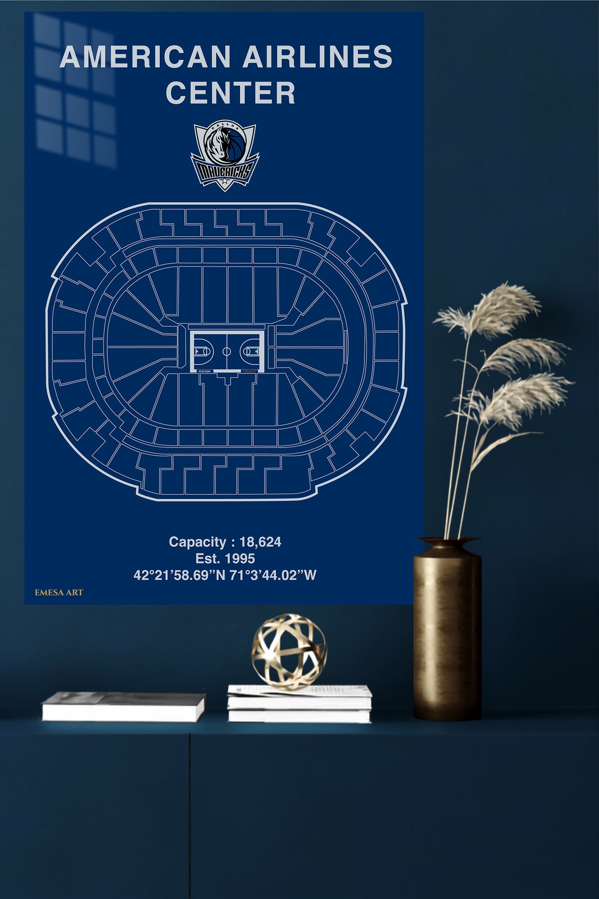 Basketball Arena Seating Blueprint metal wall art displayed in a modern interior