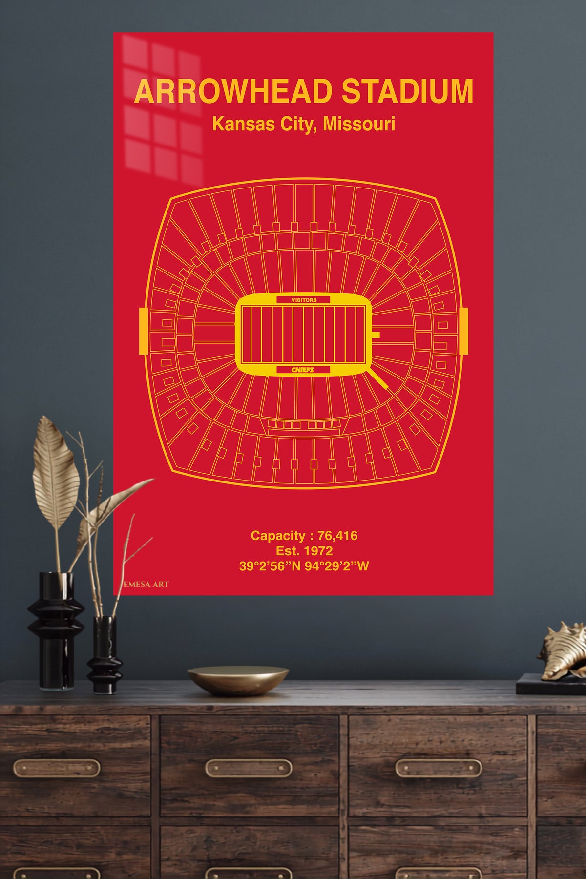 Arrowhead Stadium Seating Map metal wall art displayed in a modern interior