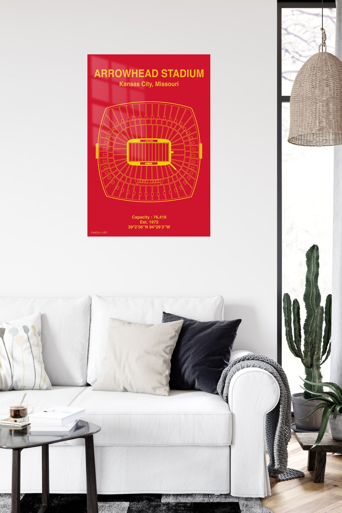 Arrowhead Stadium Seating Map metal wall art displayed in a contemporary living space