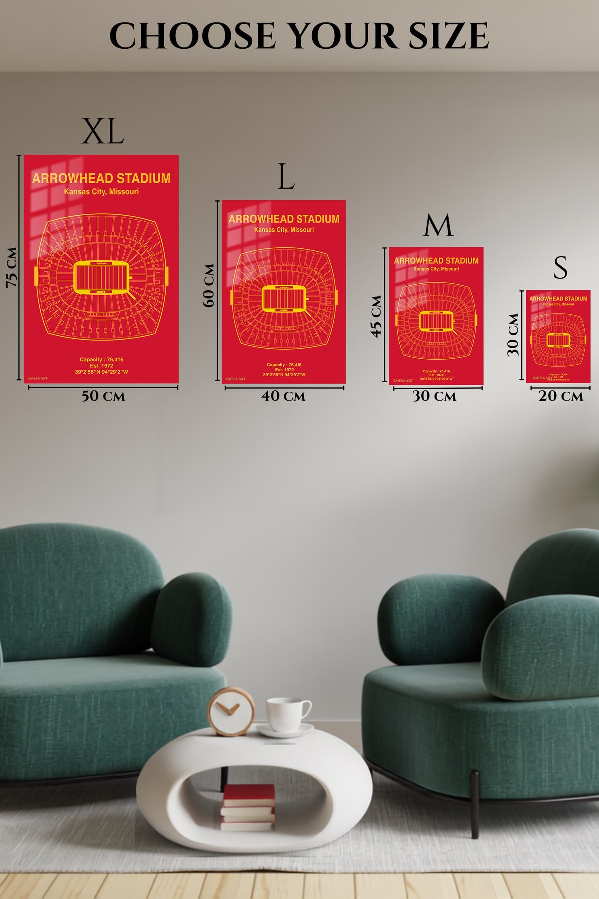 EMESA metal wall art size comparison guide for Arrowhead Stadium Seating Map