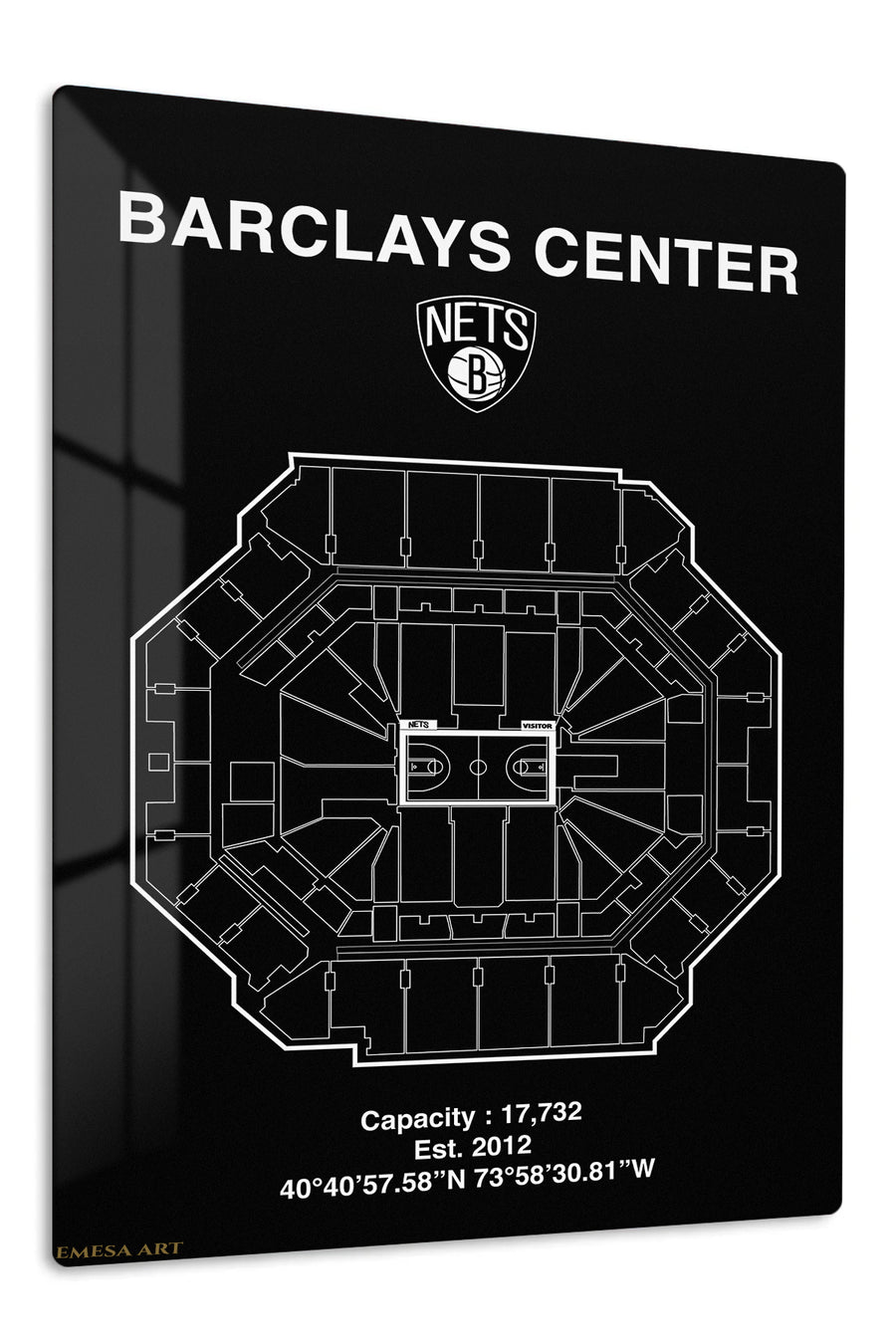 Barclays Center Basketball Arena Blueprint premium metal wall art – front view