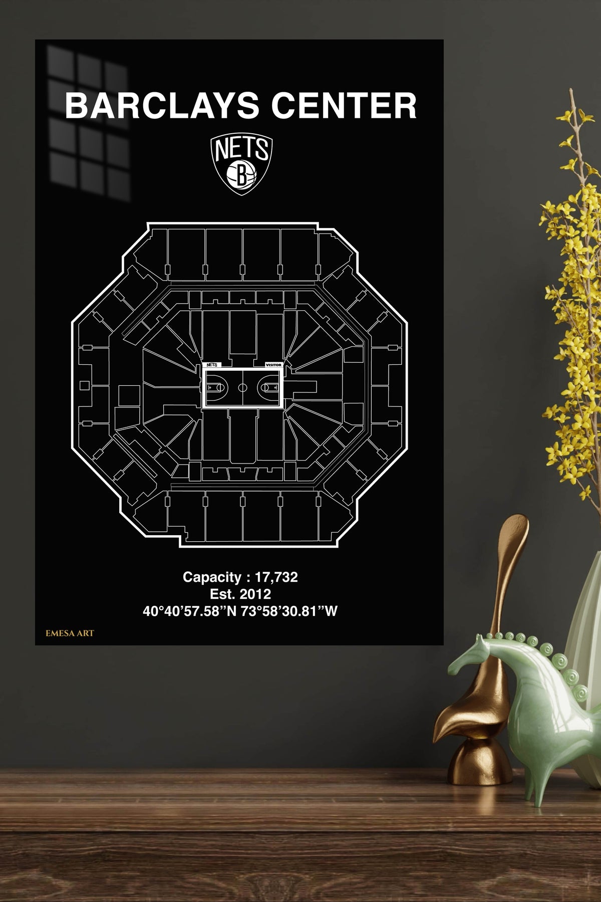 Barclays Center Basketball Arena Blueprint metal wall art displayed in a modern interior