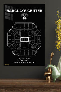 Barclays Center Basketball Arena Blueprint metal wall art displayed in a modern interior