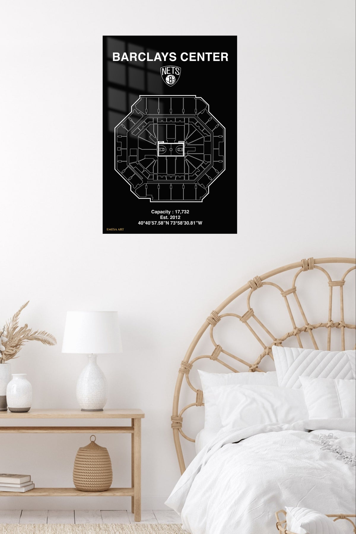 Barclays Center Basketball Arena Blueprint metal wall art displayed in a contemporary living space