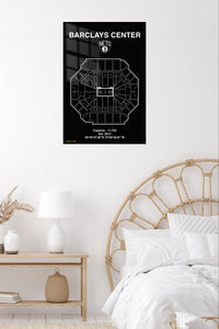 Barclays Center Basketball Arena Blueprint metal wall art displayed in a contemporary living space