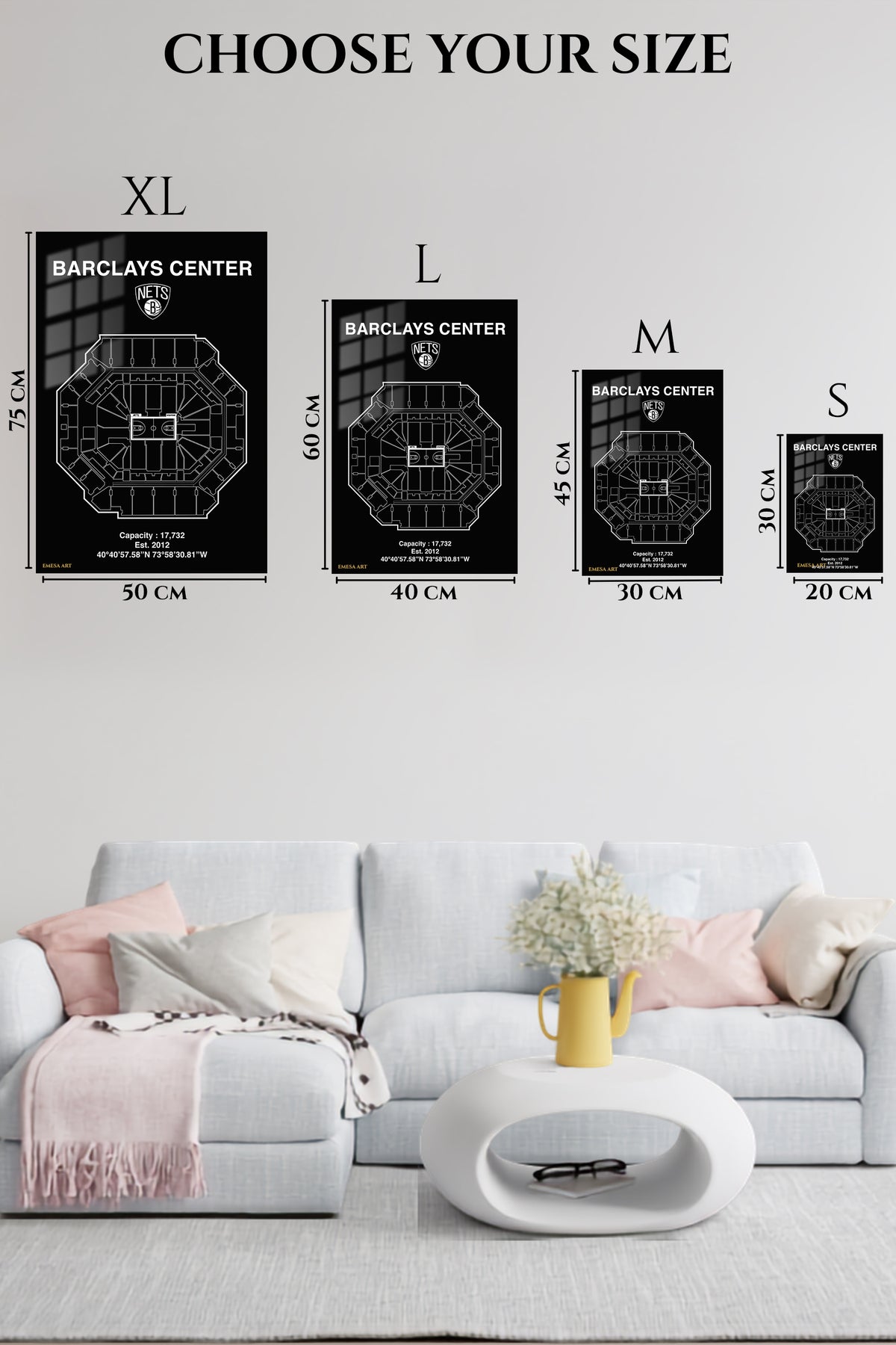 EMESA metal wall art size comparison guide for Barclays Center Basketball Arena Blueprint