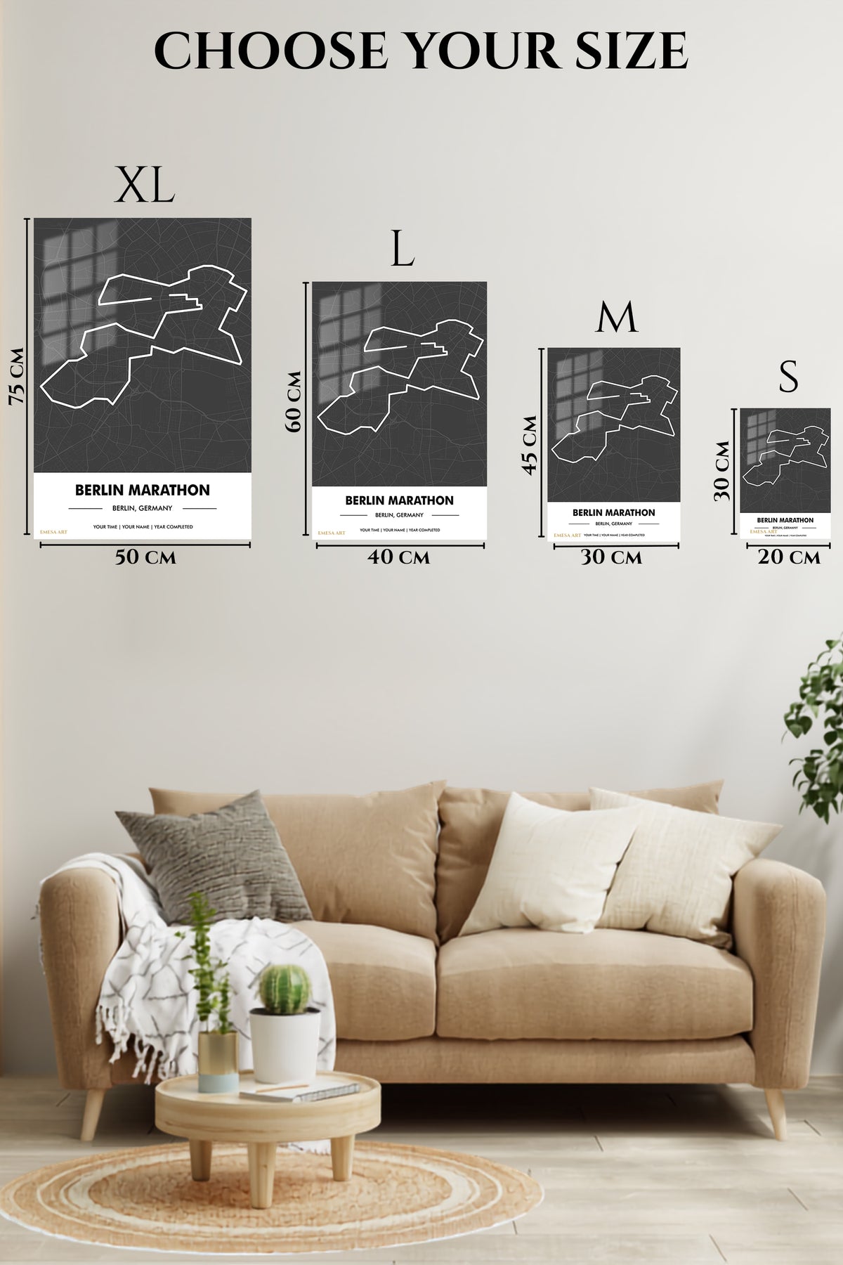 EMESA metal wall art size comparison guide for Berlin Marathon Route Map