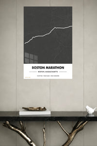 Boston Marathon Route Map metal wall art displayed in a modern interior