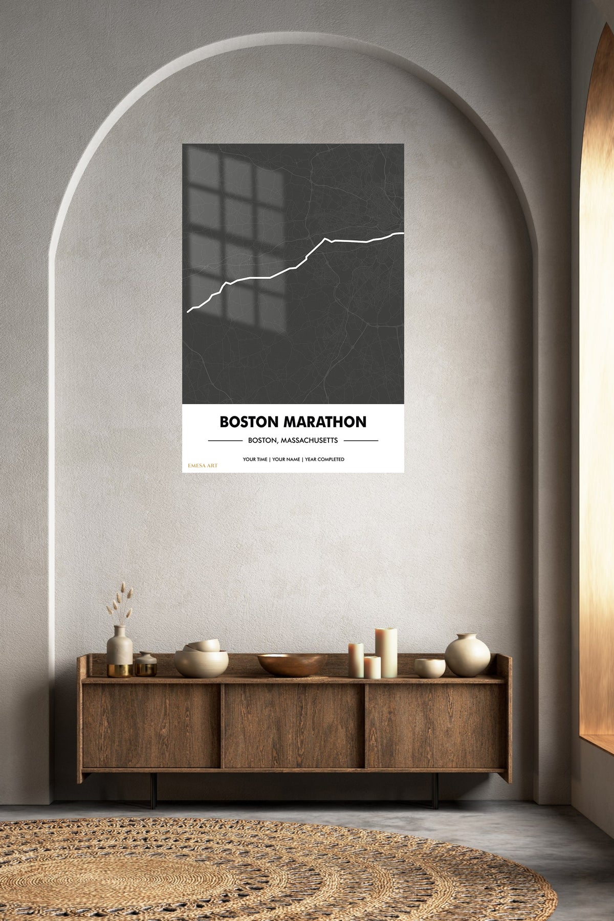 Boston Marathon Route Map metal wall art displayed in a contemporary living space