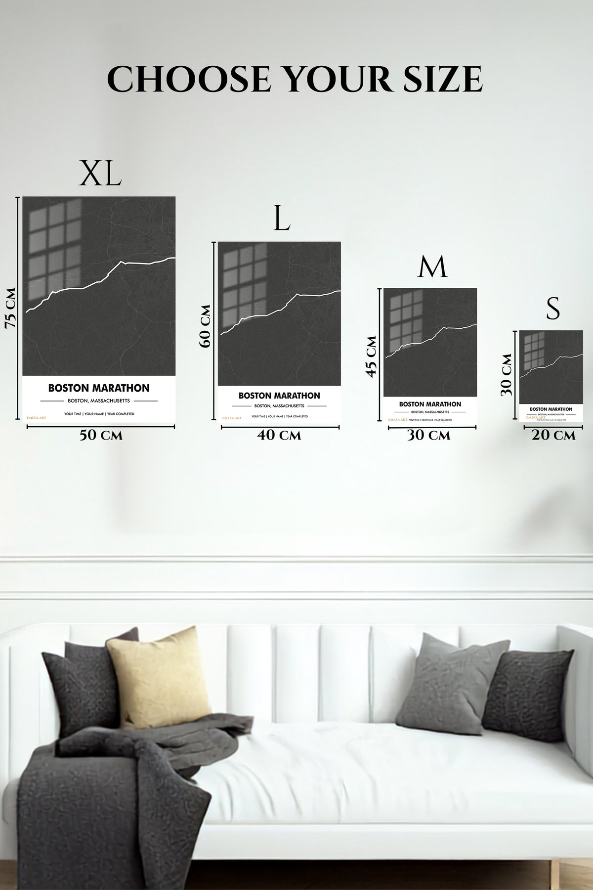 EMESA metal wall art size comparison guide for Boston Marathon Route Map