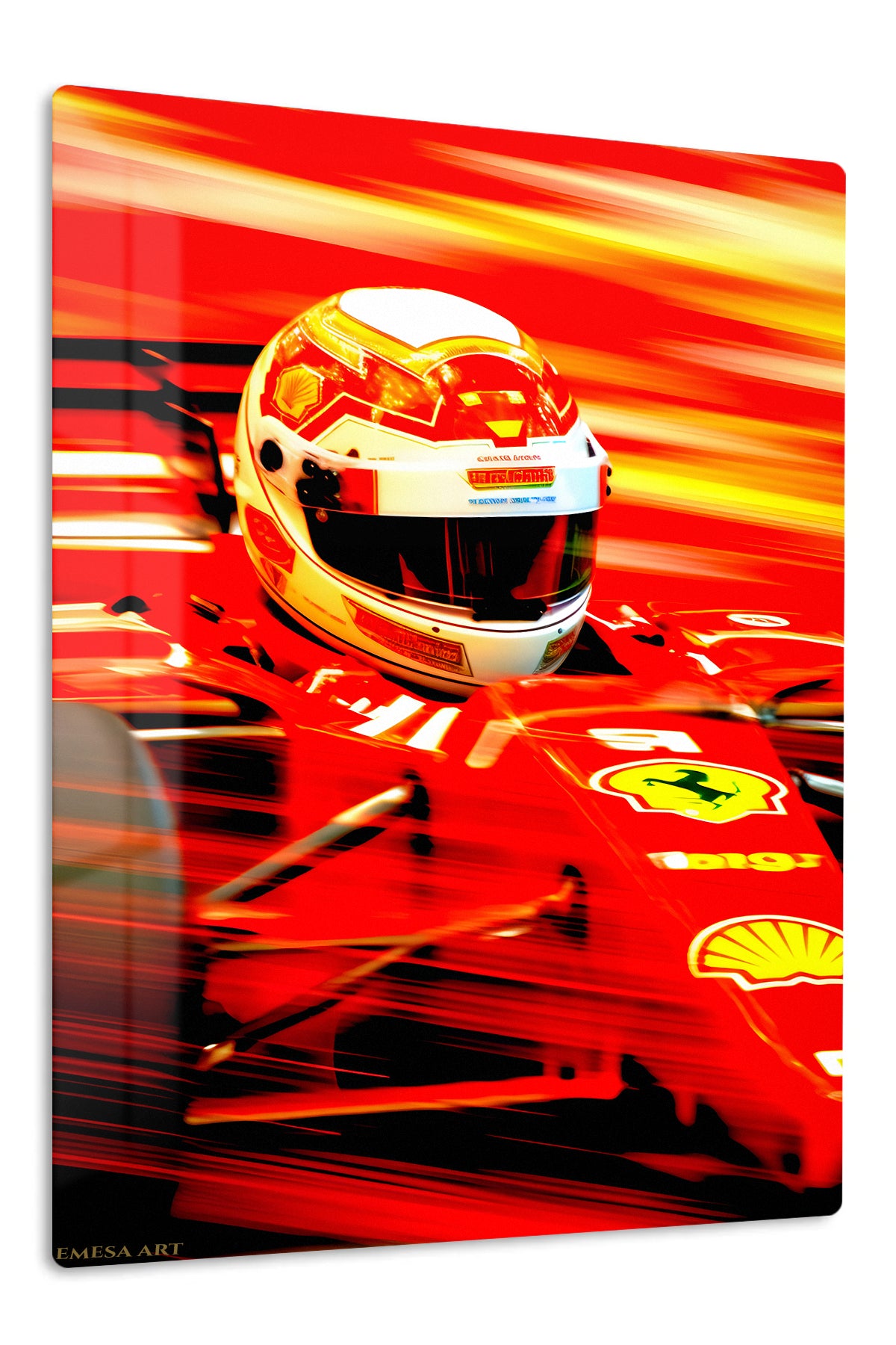 Red Racing Helmet in Motion premium metal wall art – front view