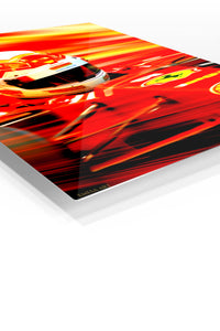 Red Racing Helmet in Motion premium metal wall art – angled view
