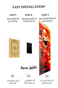 Magnetic mounting installation guide for Red Racing Helmet in Motion metal wall art
