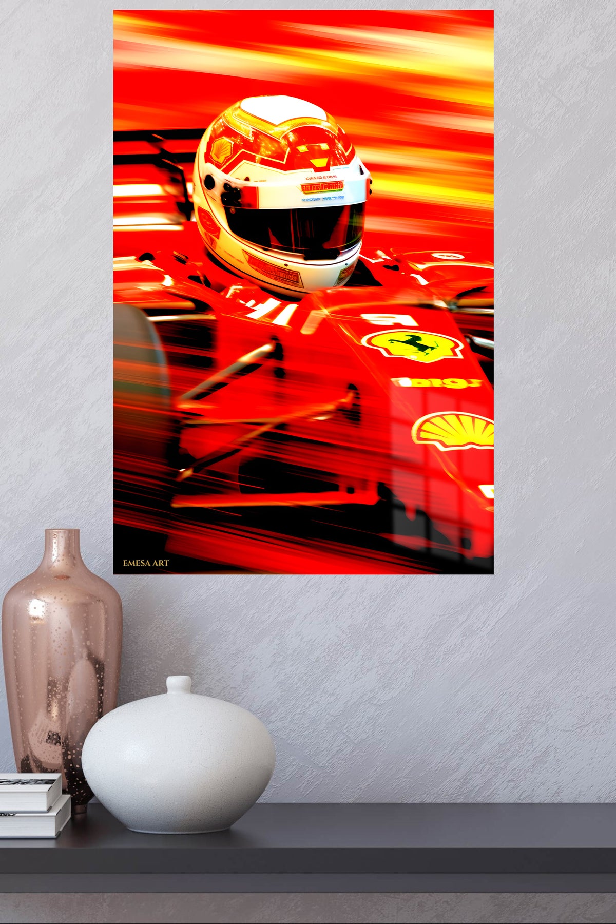 Red Racing Helmet in Motion metal wall art displayed in a modern interior